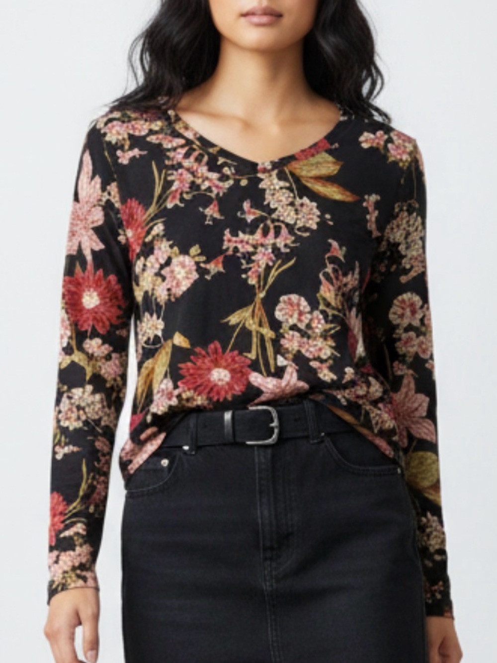 Whimsy goth cottagecore Well Worn Black Floral V-Neck Long Sleeve top